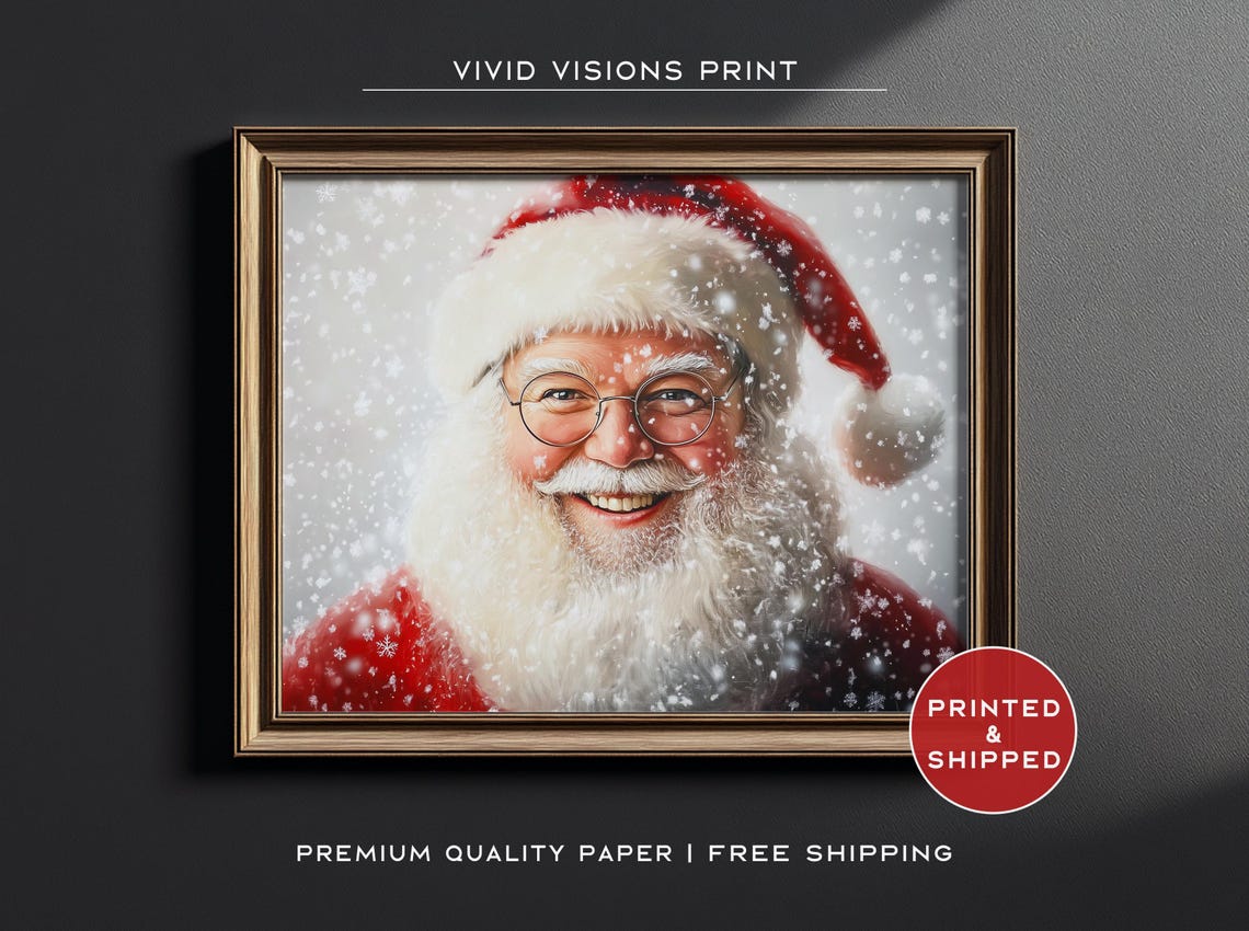 Smiling Santa Claus Portrait in Falling Snow Joyful Christmas Poster