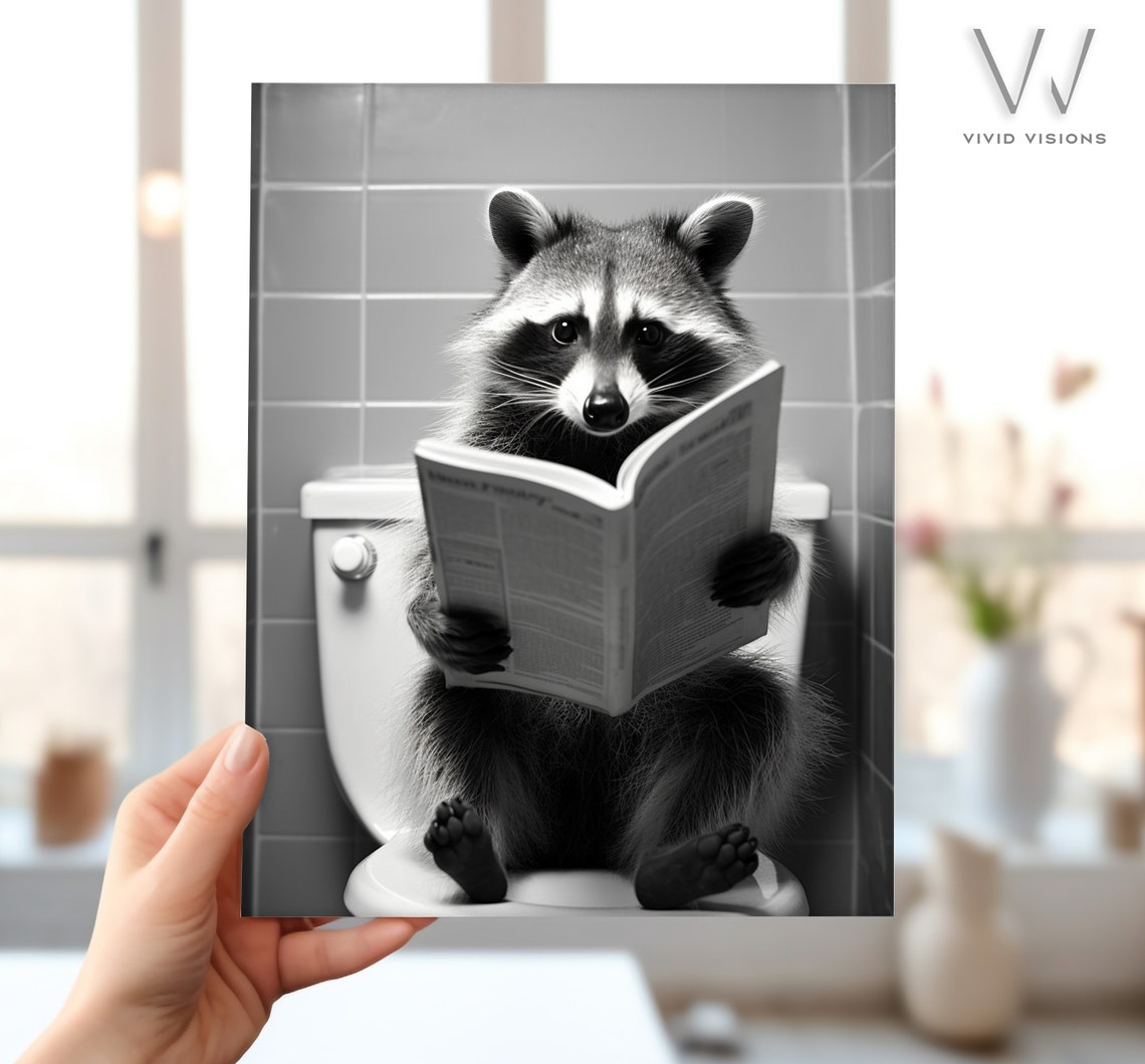 Raccoon Reading the Newspaper on the Toilet Black and White Poster - Image 4