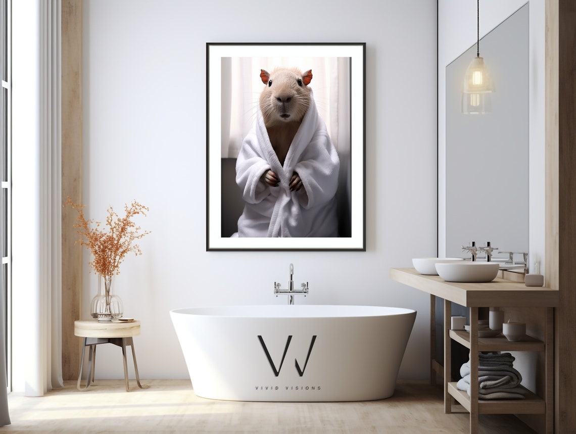 Capybara in a Cozy White Bathrobe Standing Animal Bathroom Poster - Image 3