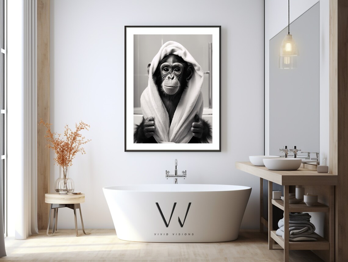 Monkey In Bathrobe Bathroom Art, Rustic Bath Style - Image 3