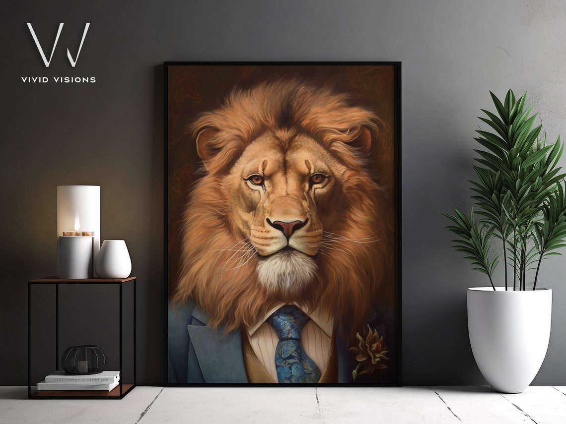 Lion in Blue Suit Patterned Tie Flower Boutonniere Dapper Poster