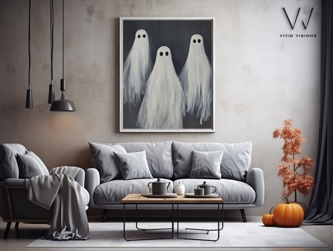 Three Friendly Ghosts On Dark Background Poster Minimal Halloween Art - Image 3