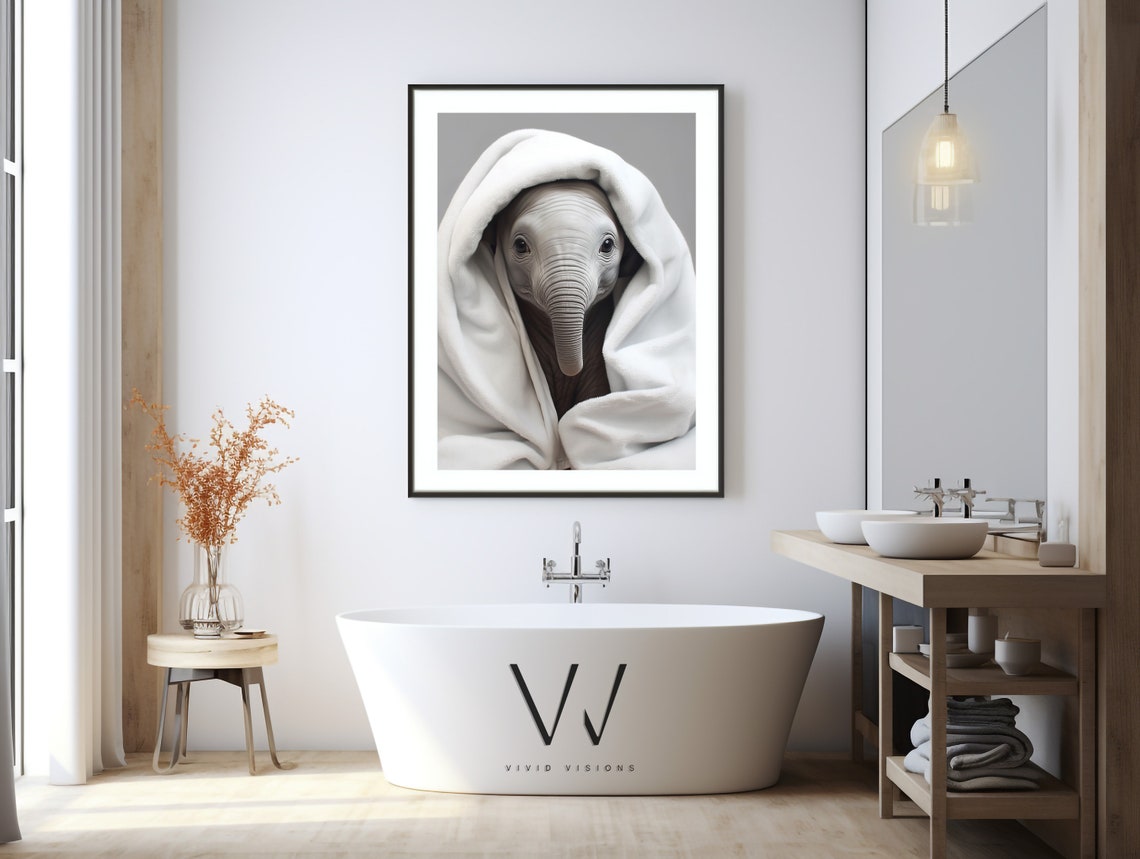Baby Elephant Wrapped in a Soft White Hooded Towel Nursery Poster - Image 3