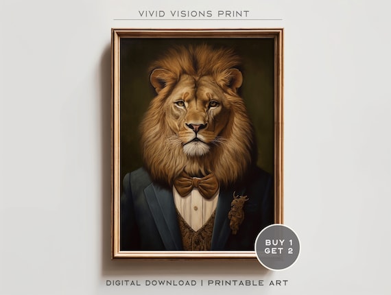 Victorian Lion Portrait Gentleman in Suit Bow Tie Gothic Art Poster