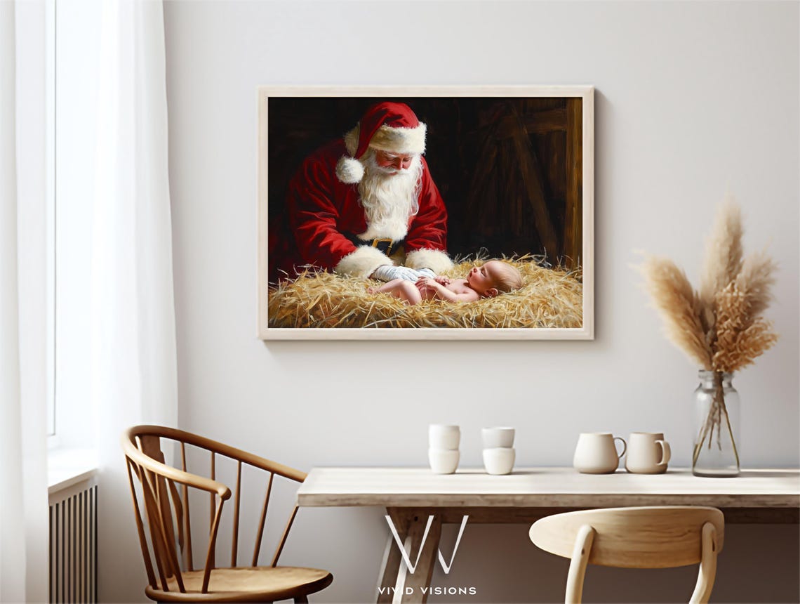 Santa Claus With A Newborn Baby In Straw Poster Heartwarming Christmas - Image 3