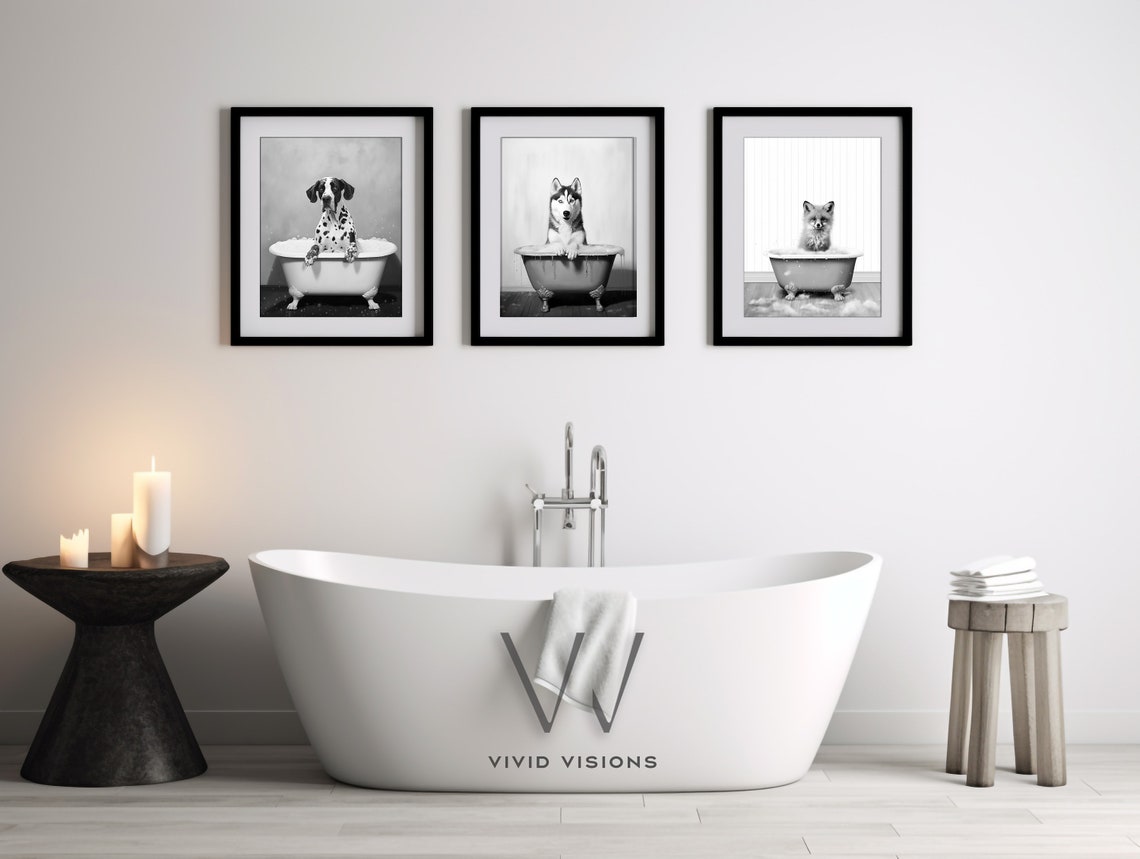 Set of 3 Black White Fox Dalmatian Husky Bathtub Bathroom Poster - Image 3