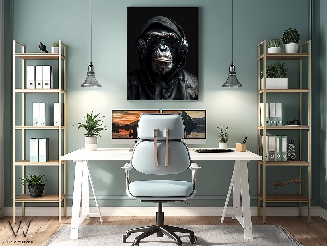 Chimp in Black Hoodie Sunglasses Headphones Dark DJ Portrait Poster - Image 3