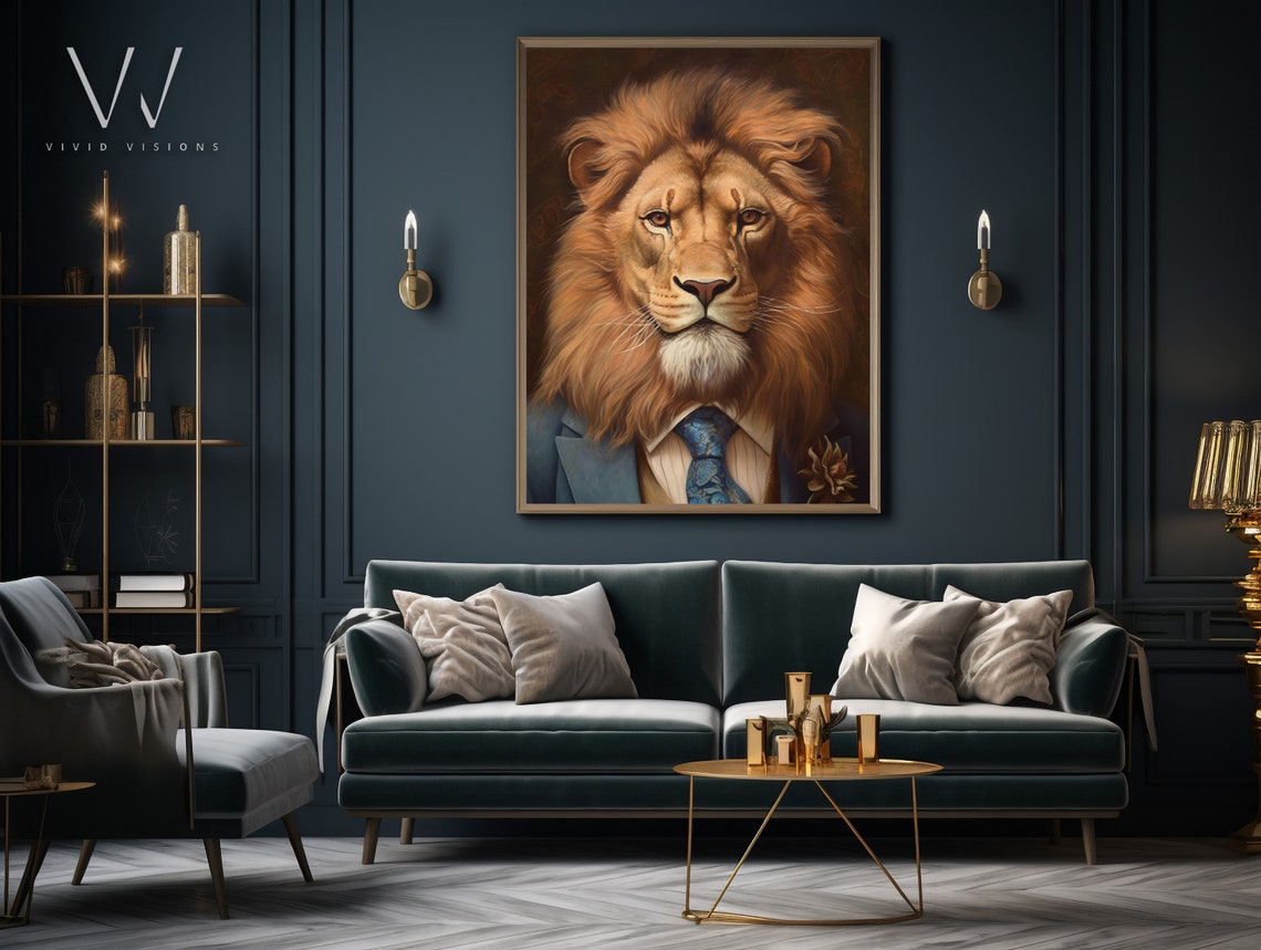 Lion in Blue Suit Patterned Tie Flower Boutonniere Dapper Poster - Image 4