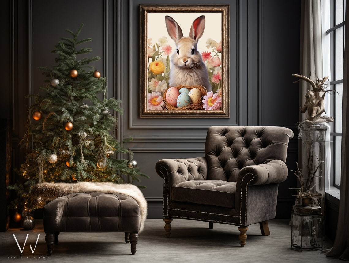 Spring Bunny with Pastel Easter Eggs Vintage Floral Wall Poster - Image 4