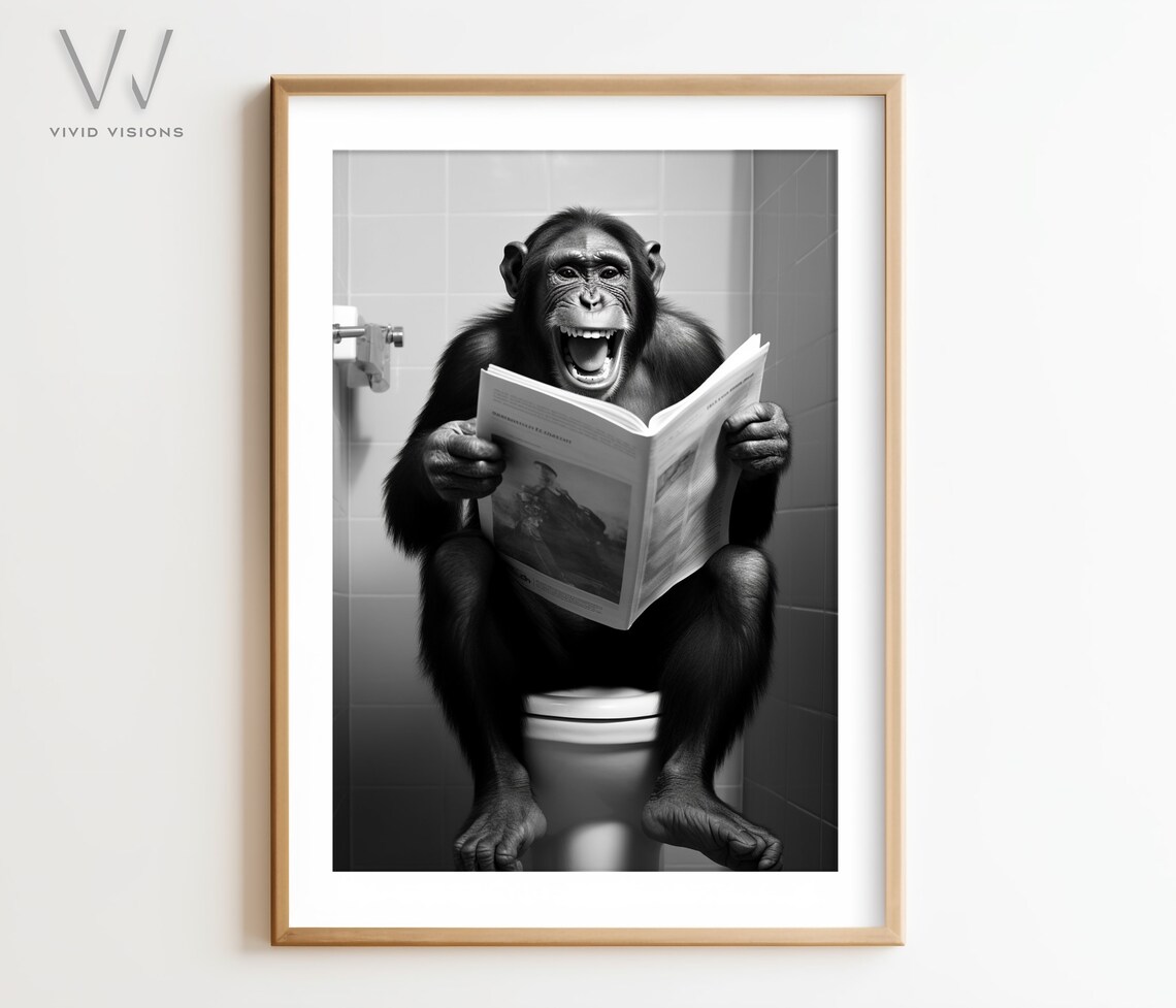 Monkey Sitting On The Toilet Reading, Rustic Bath Art