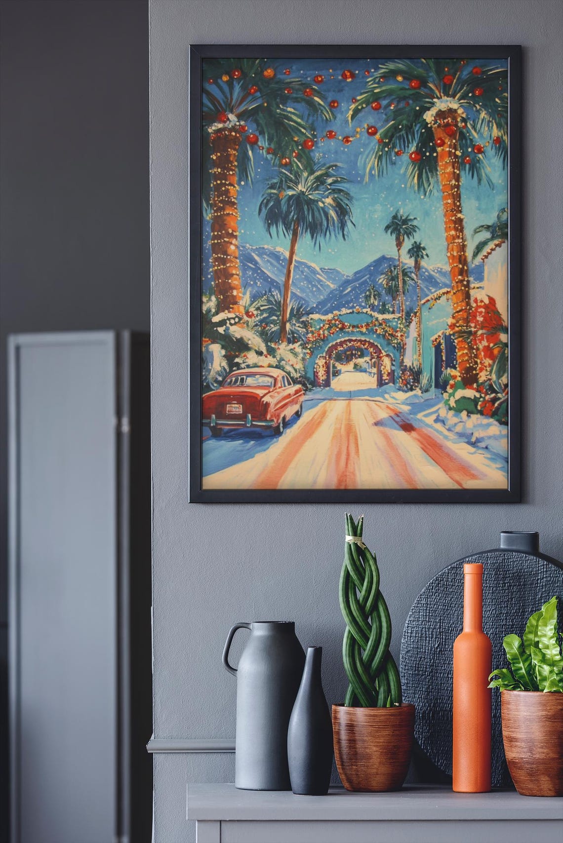 Palm Tree Christmas Street With Snowy Mountains Holiday Poster - Image 3