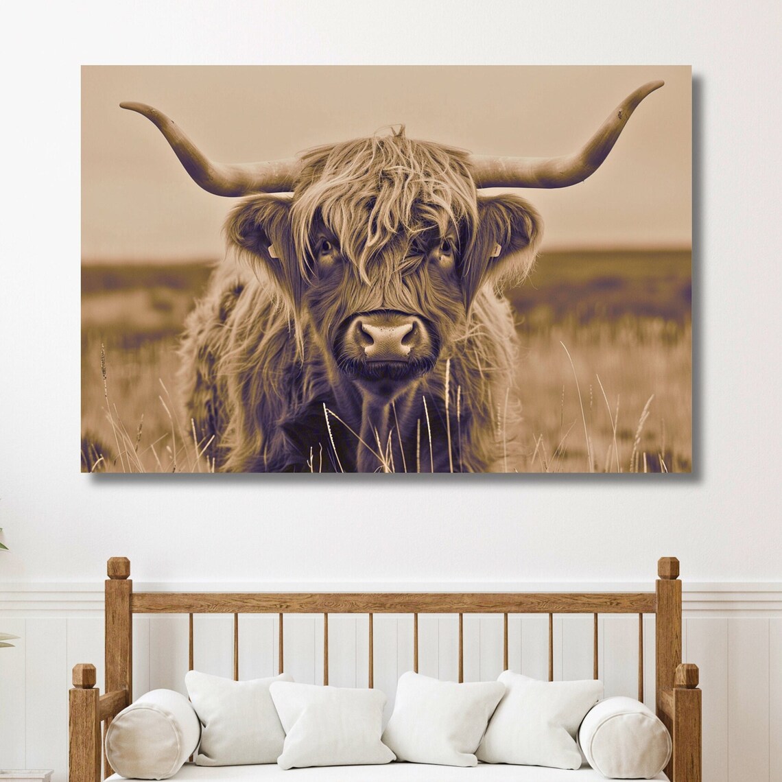 Highland Cow Close Portrait Sepia Tones Rustic Farm Art Poster
