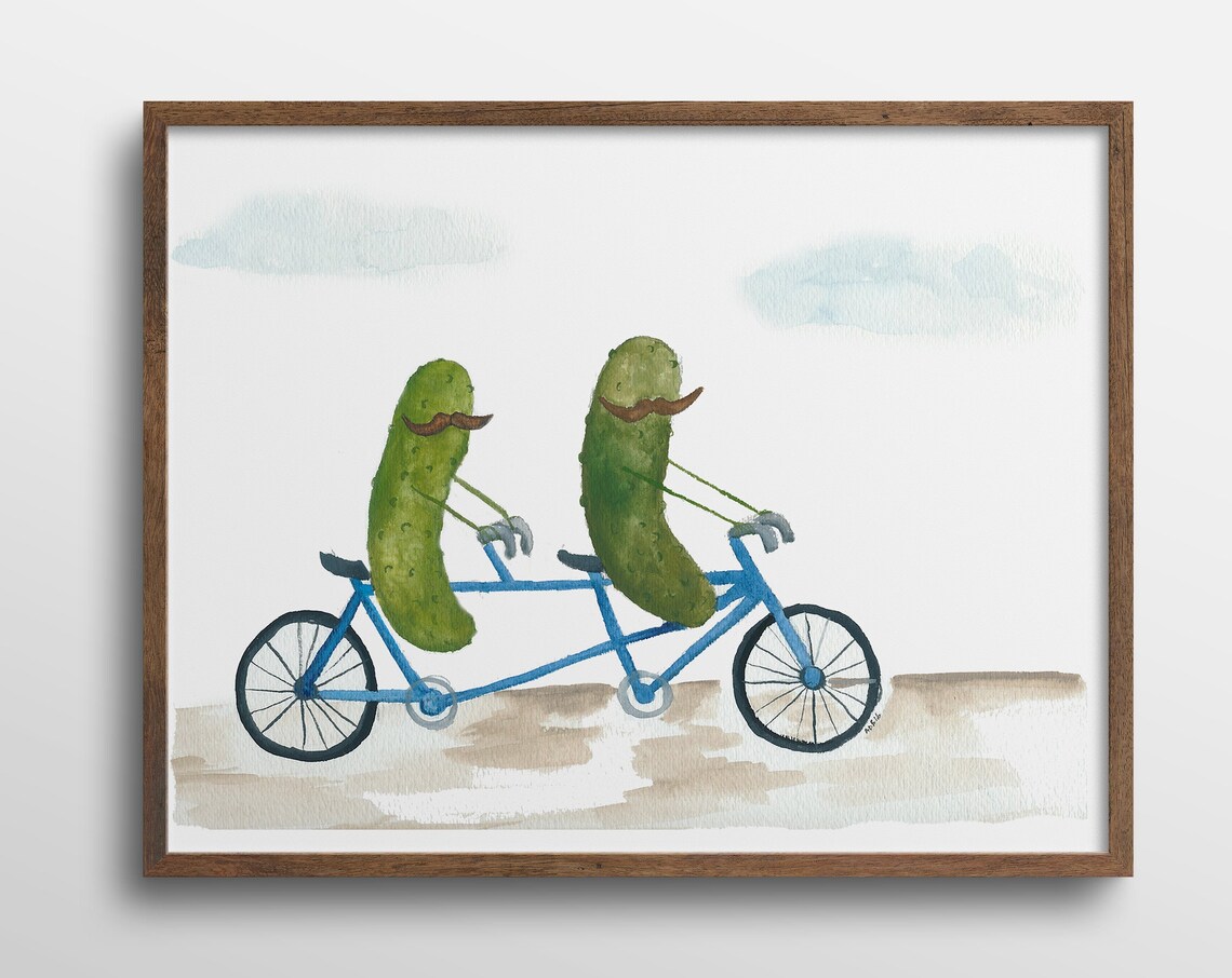 Whimsical Pickles on a Bicycle, Watercolor Art Print