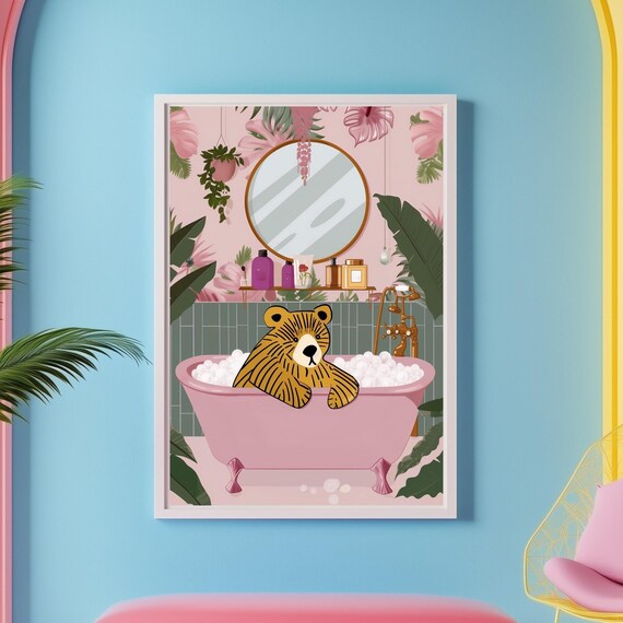 Tiger Cub In Pink Bathtub Whimsical Bathroom Animal Art Poster