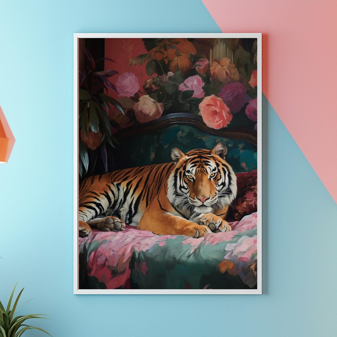 Tiger Lounging on a Floral Pink Sofa Romantic Oil Painting Poster