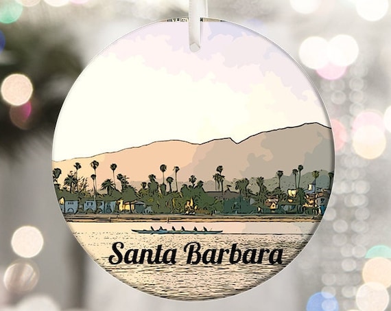 Santa Barbara Waterfront Palm Mountains Round Ornament Print