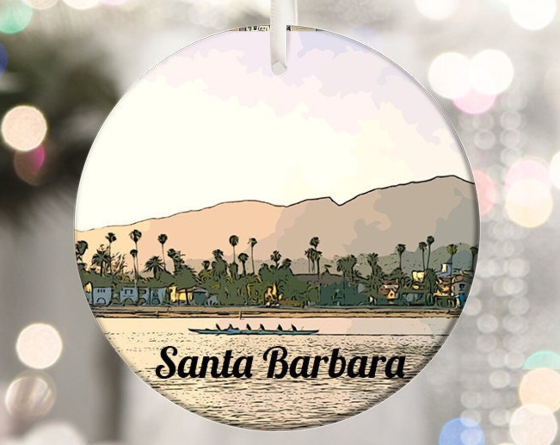Santa Barbara Waterfront Palm Mountains Round Ornament Print