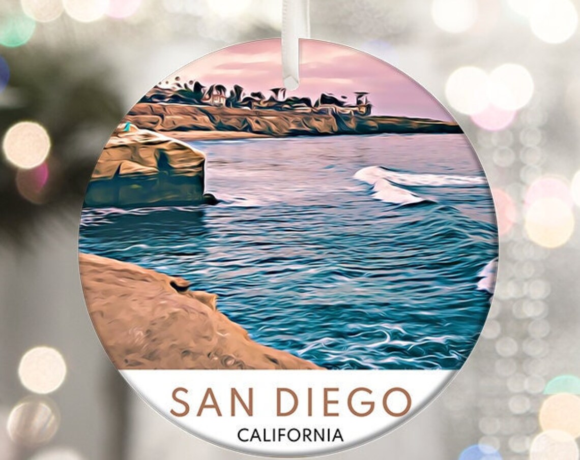 San Diego California Coastal City Round Ceramic Ornament Print