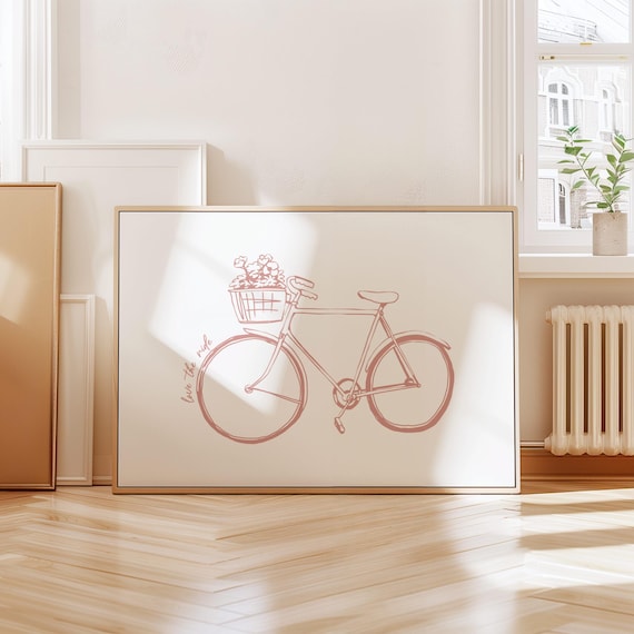 Love the Ride Pink Bicycle Floral Basket Line Art Cycling Poster