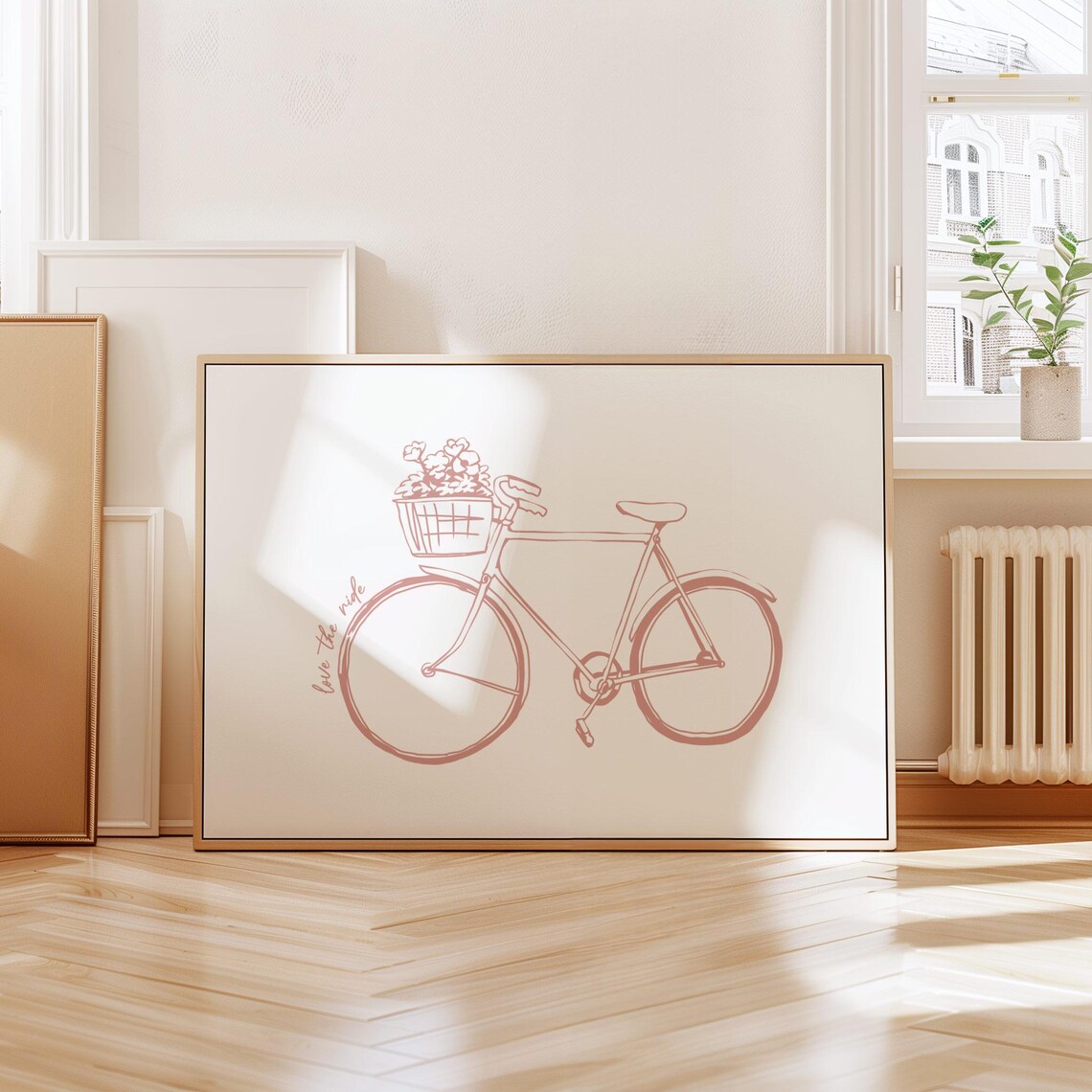 Love the Ride Pink Bicycle Floral Basket Line Art Cycling Poster