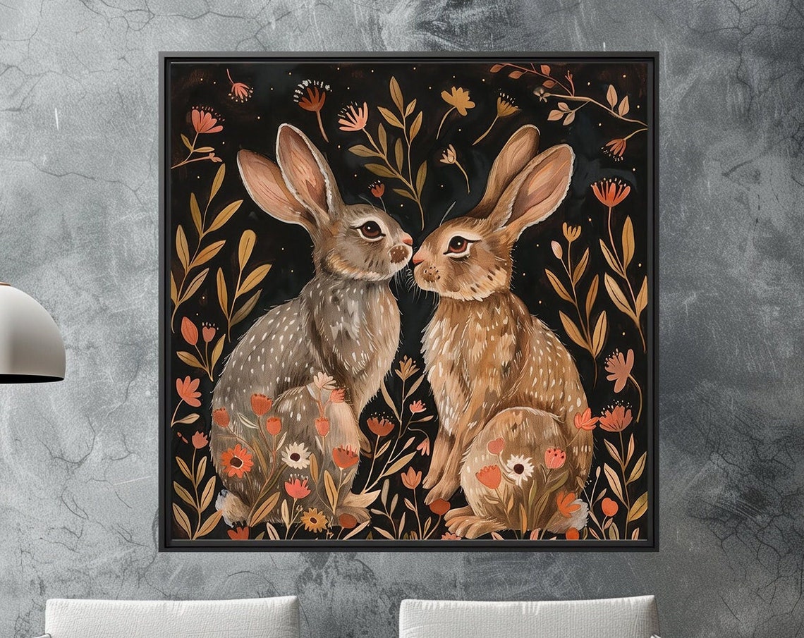 Two Rabbits Folk Art Floral Black Background Painting Poster