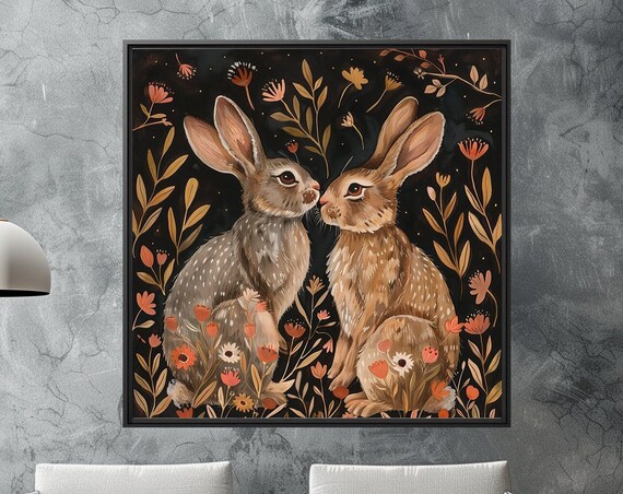 Two Rabbits Folk Art Floral Black Background Painting Poster