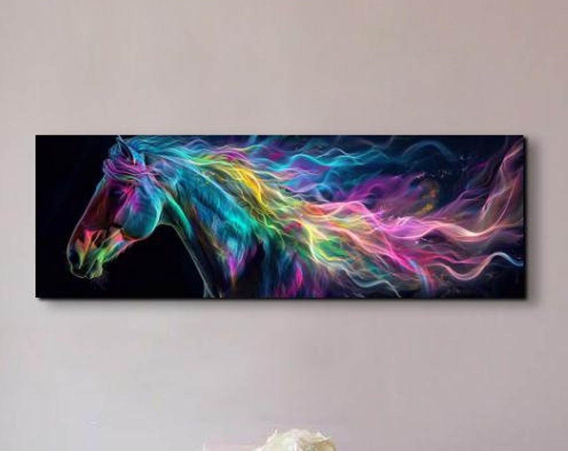 Colorful Neon Horse Head With Rainbow Flowing Mane Dark Art Poster