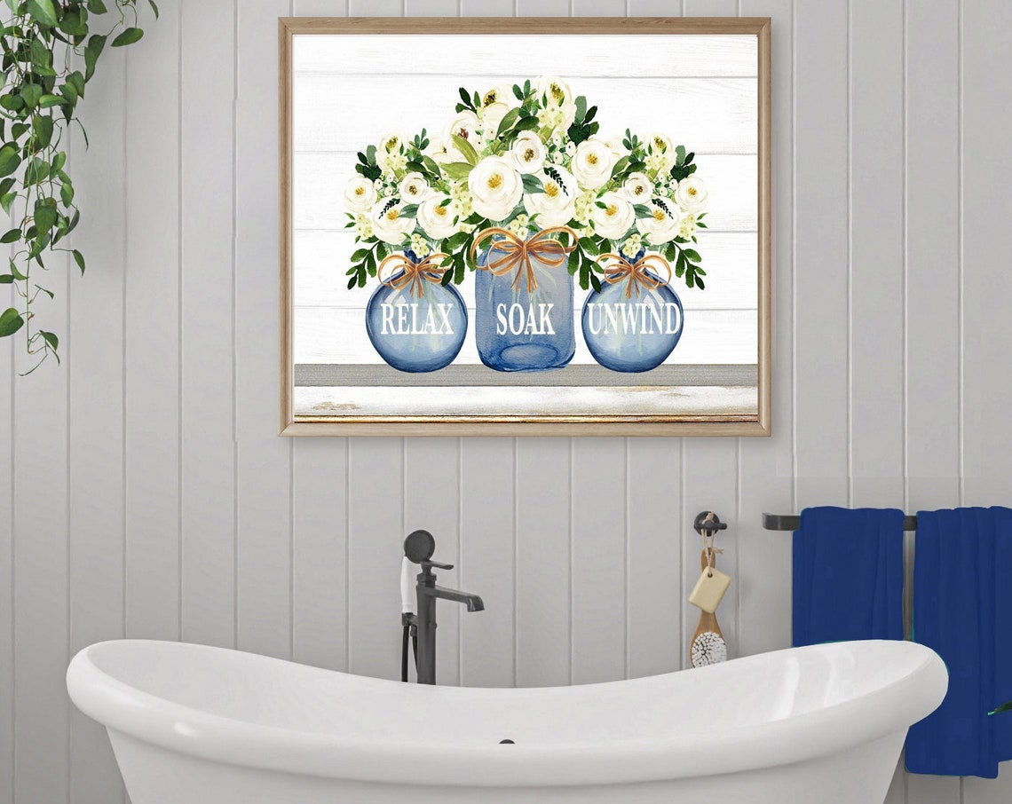 Navy Blue Relax Soak Unwind Mason Jars Floral Bathroom Poster