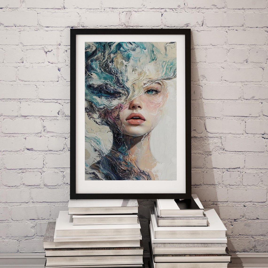 Surreal Woman Portrait with Blue and Teal Marble Waves Poster