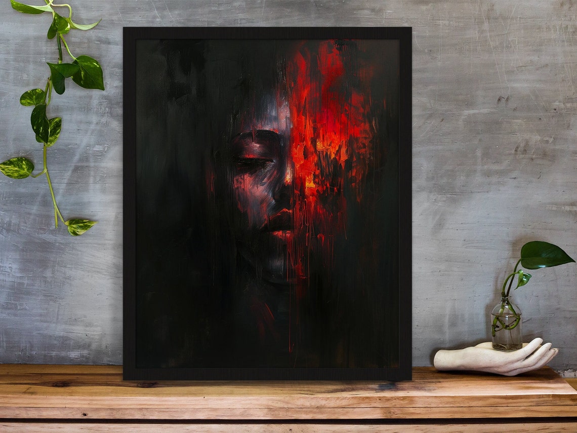 Half Face in Darkness With Fiery Red Abstract Oil Art Poster - Image 6