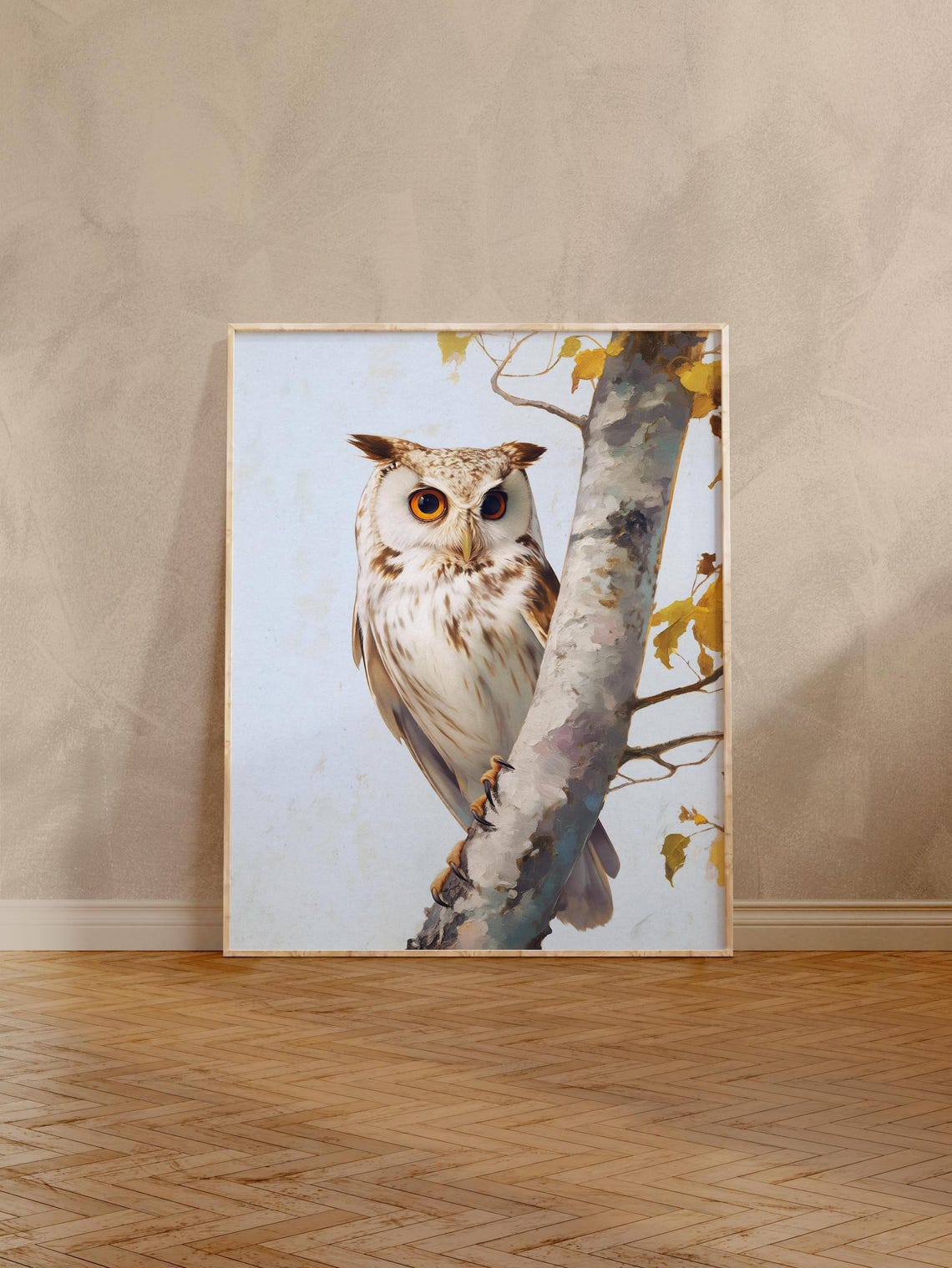 White Owl Perched on a Birch Branch with Autumn Leaves Poster - Image 4