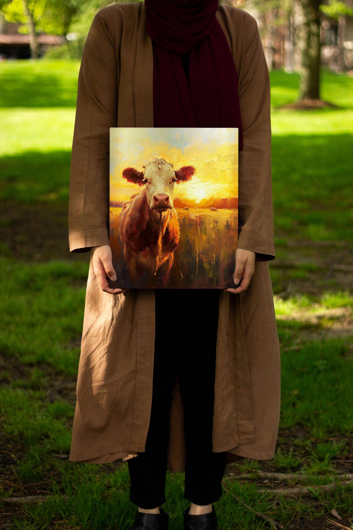 Impressionist Cow Portrait in a Sunlit Field at Golden Sunset Poster - Image 6