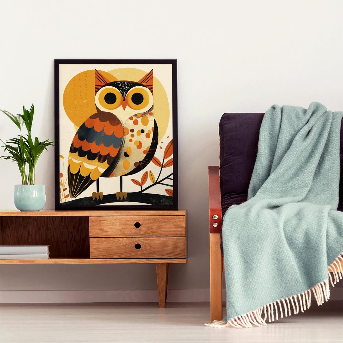 Whimsical Folk Art Owl on a Branch with a Warm Golden Sun Poster - Image 4