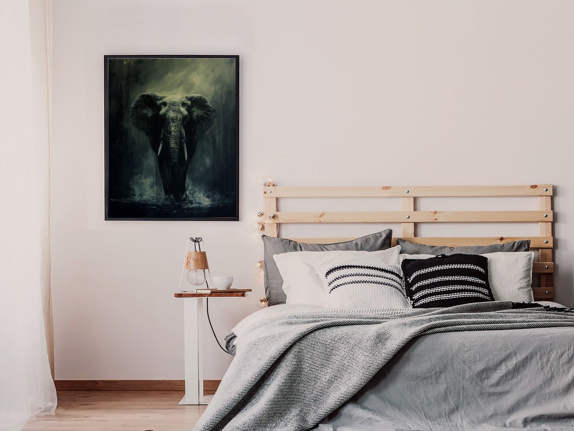 Elephant Emerging in the Rain Moody Monochrome Wildlife Art Poster - Image 3