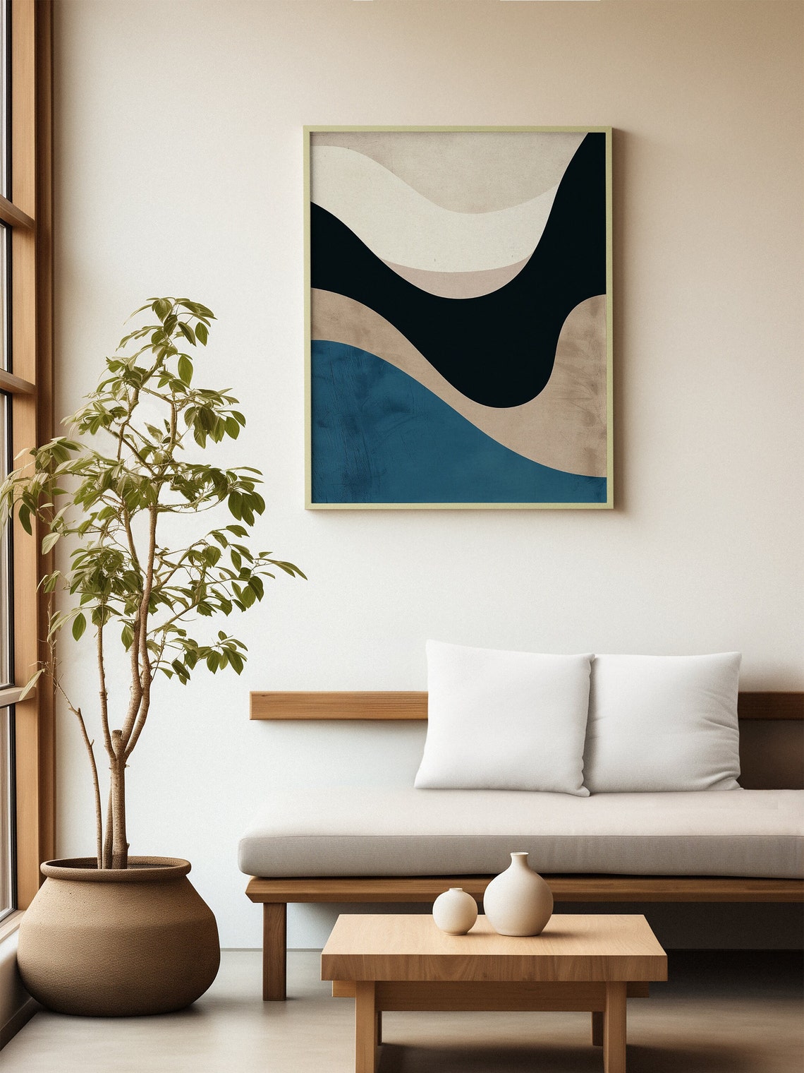 Cream Navy Teal Wavy Bands Minimalist Abstract Art Style Poster - Image 2