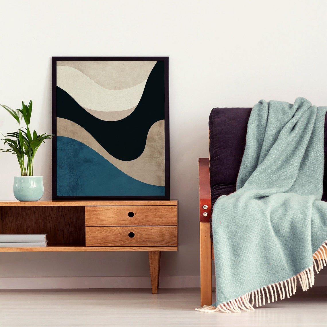 Cream Navy Teal Wavy Bands Minimalist Abstract Art Style Poster - Image 6
