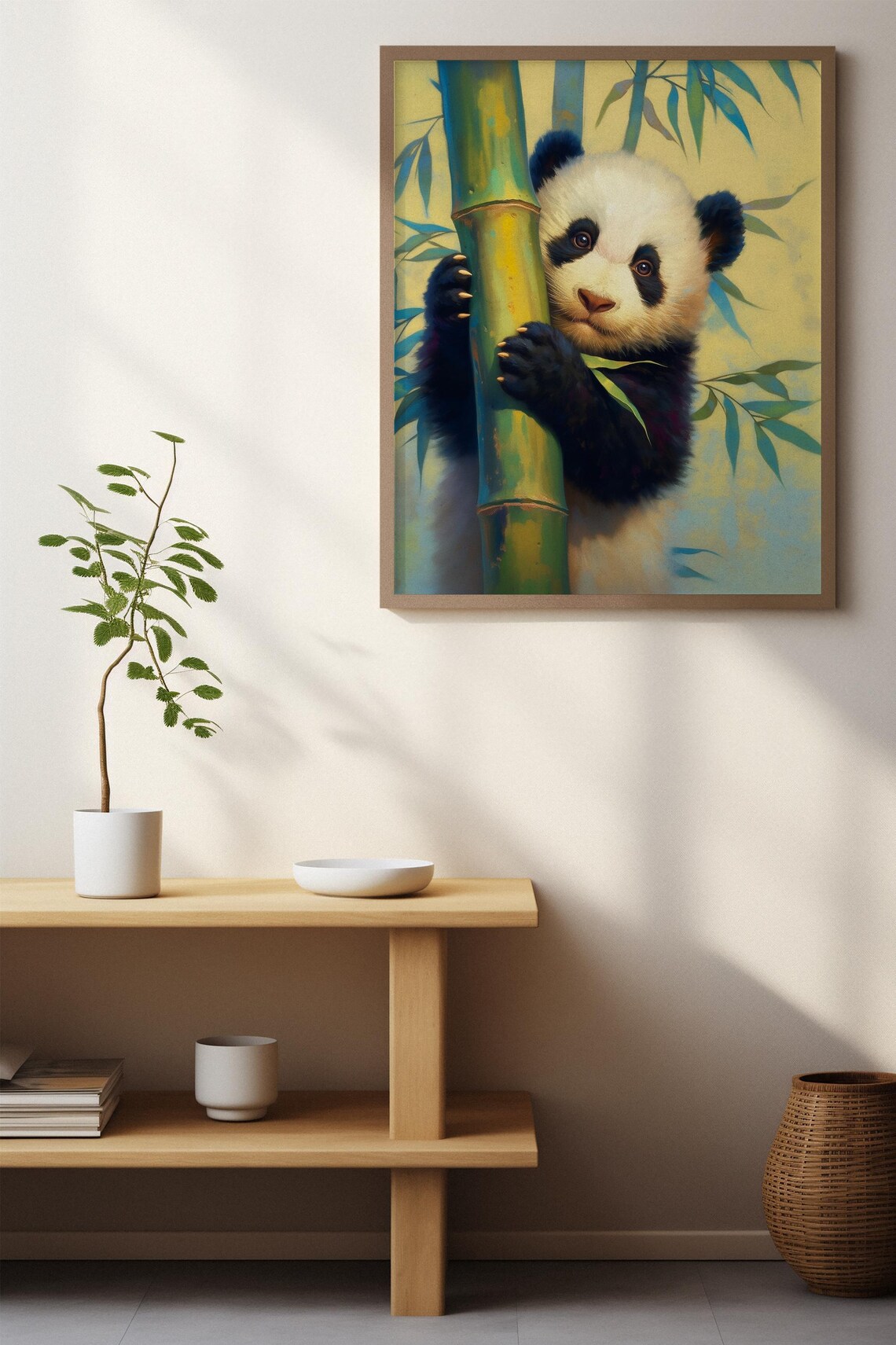 Baby Panda Peeking From Behind Bamboo in Warm Golden Light Art Poster - Image 2