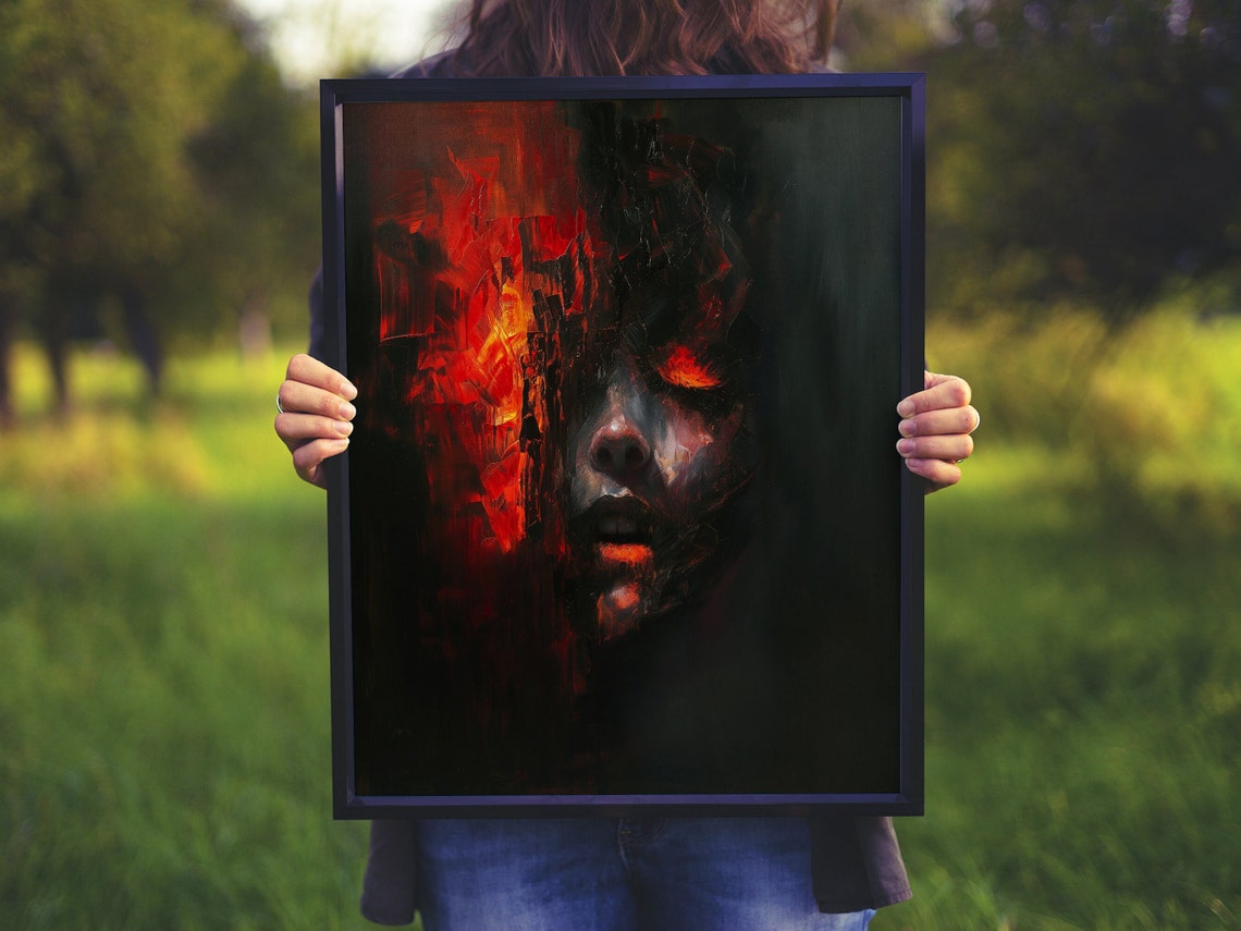 Demonic Face Engulfed in Fire Dark Horror Oil Painting Gothic Poster - Image 5