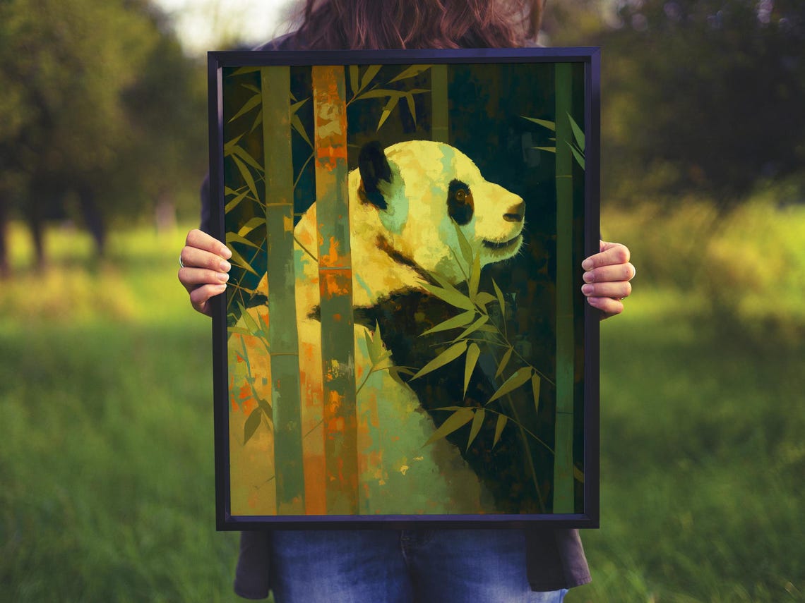 Moody Giant Panda Profile Peeking Through Dark Teal Bamboo Art Poster - Image 5