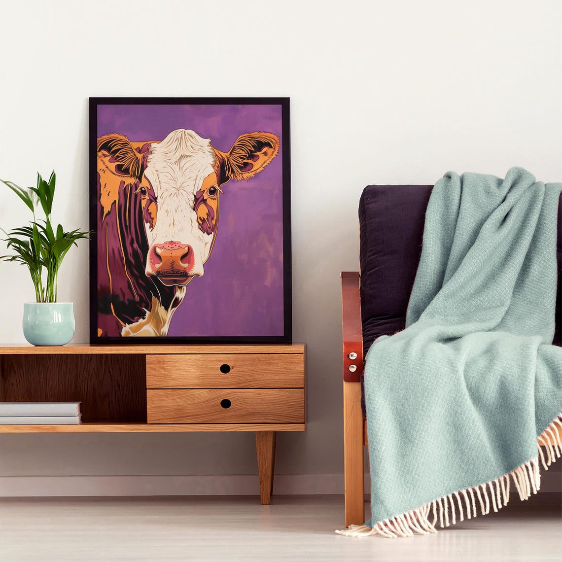 Pop Art Cow Portrait with Bold Orange on Purple Background Poster - Image 4