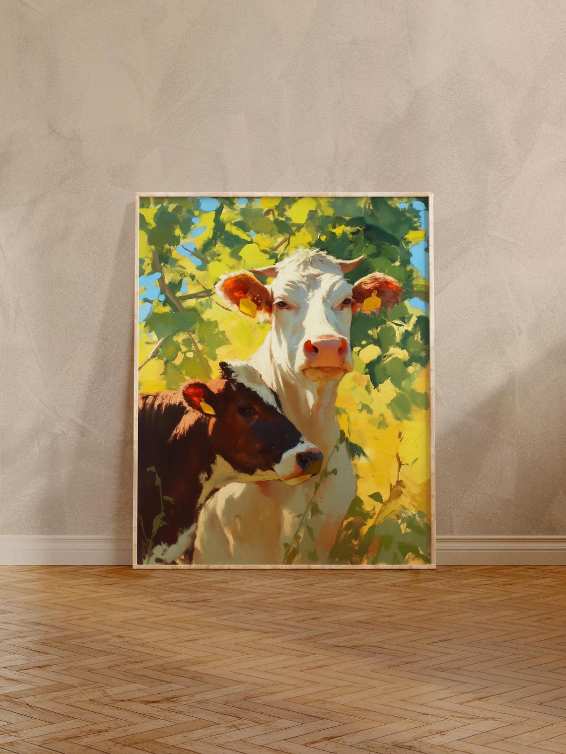 Sweet White Cow and Calf Together Under Sunlit Green Leaves Poster - Image 4