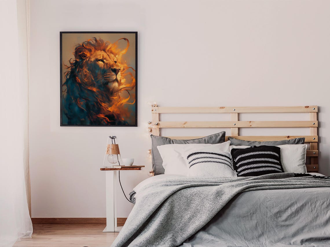 Regal Lion Profile with a Fiery Mane in Teal and Amber Poster - Image 7