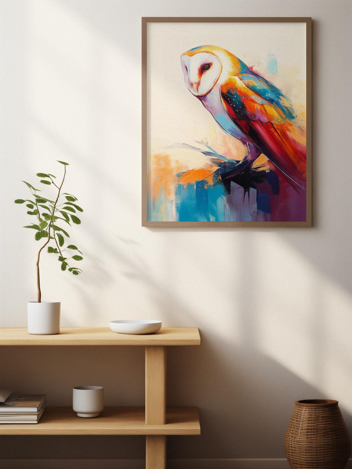 Barn Owl in Profile With Rainbow Painted Plumage on Cream Poster - Image 2
