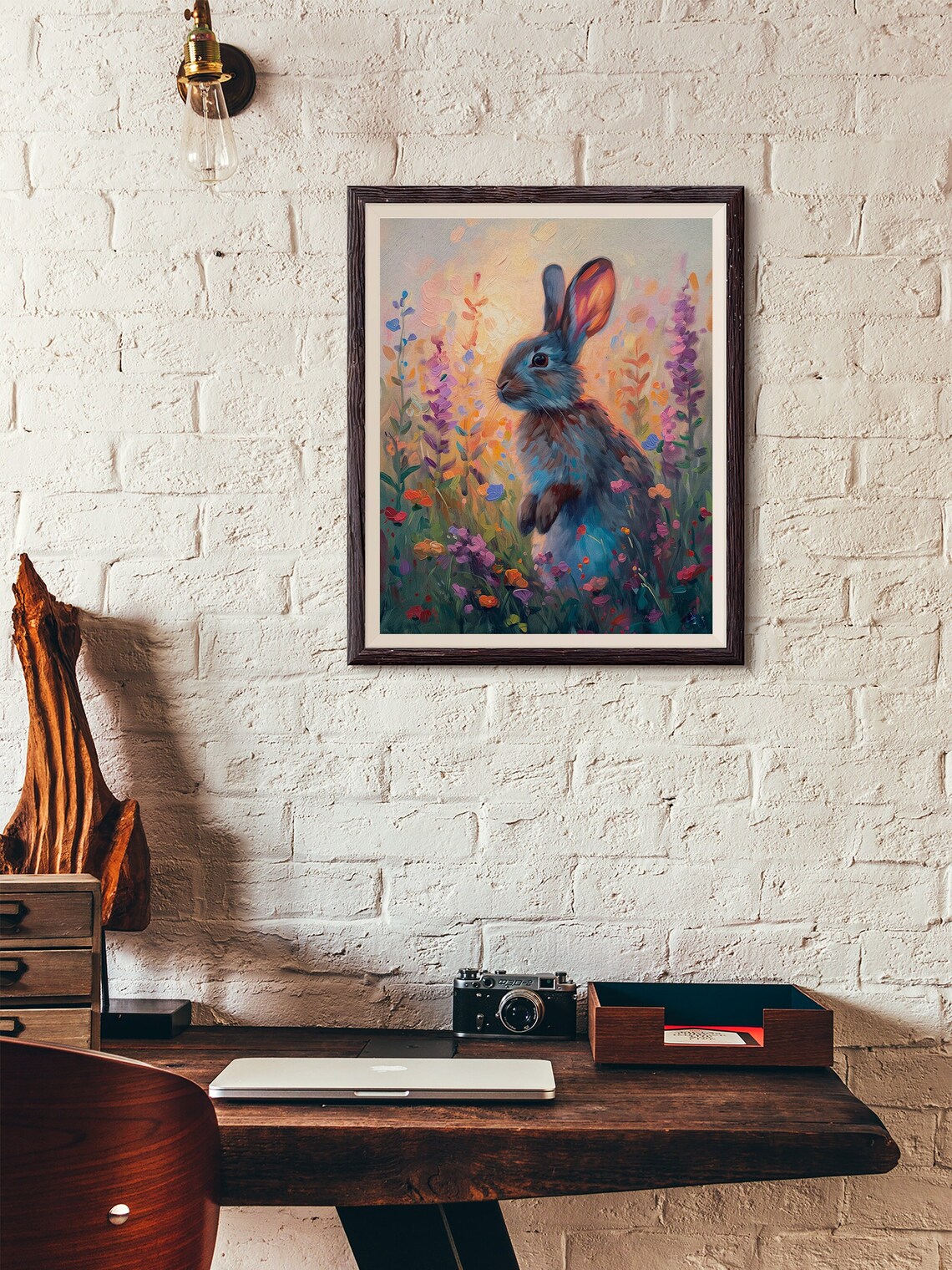 Bunny Rabbit in Lavender Meadow Sunset Oil Painting Art Poster - Image 4