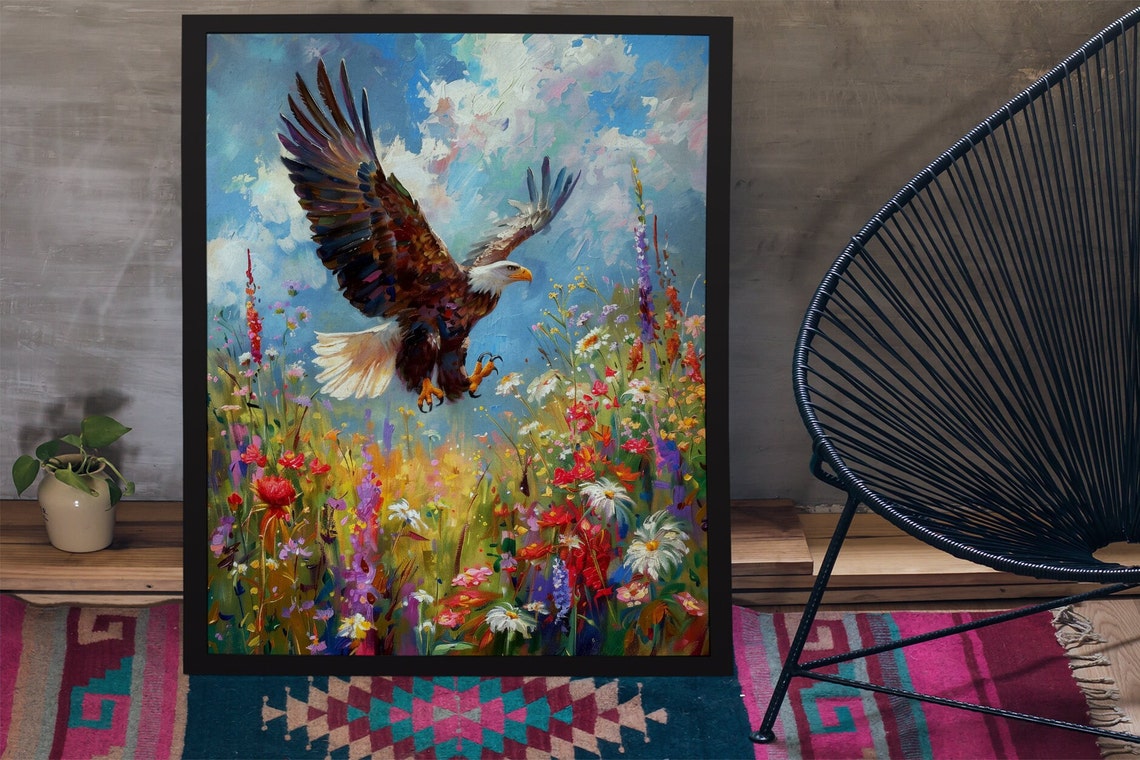 Bald Eagle Soaring Over Wildflower Meadow Oil Painting Poster - Image 2