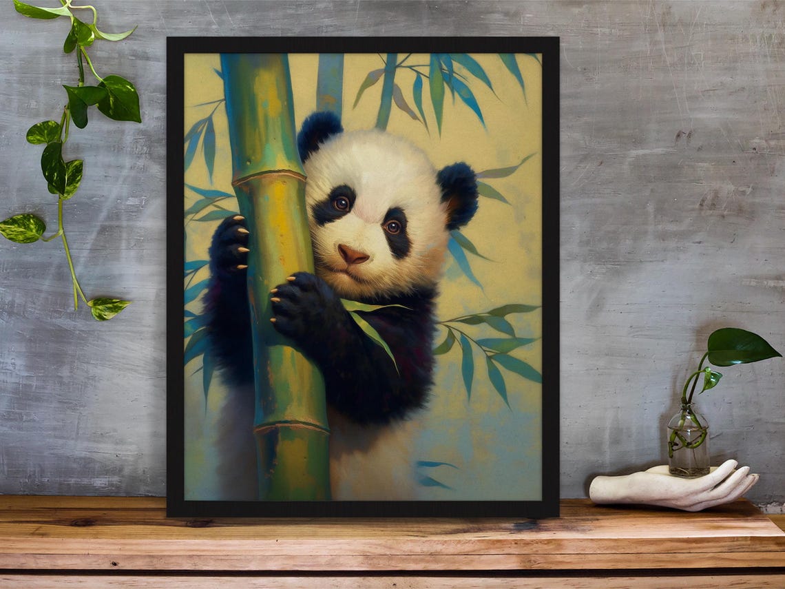 Baby Panda Peeking From Behind Bamboo in Warm Golden Light Art Poster - Image 3