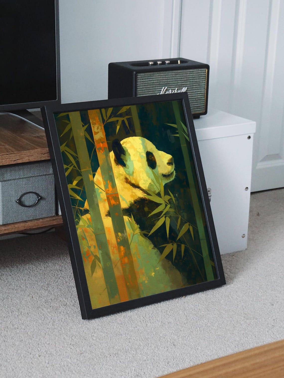 Moody Giant Panda Profile Peeking Through Dark Teal Bamboo Art Poster - Image 8