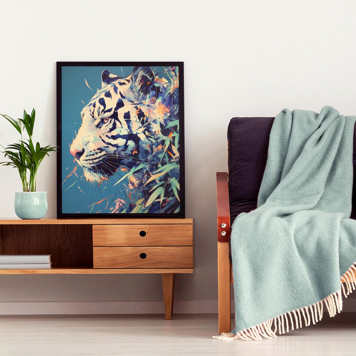 White Tiger Profile in Fragmented Abstract Style With Teal Leaves Poster - Image 6