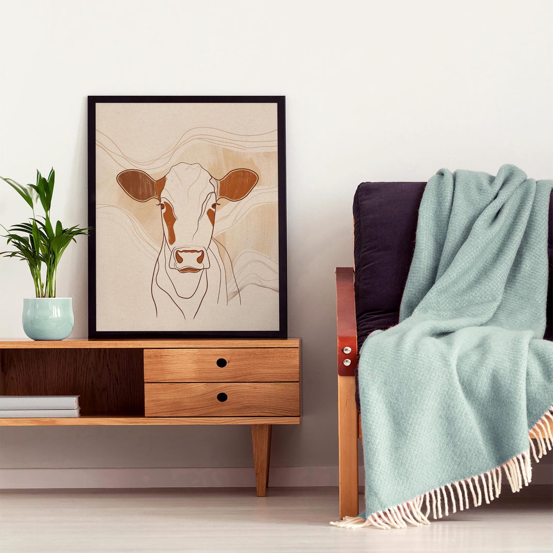 Terracotta Line Drawing of a Cow on a Warm Beige Canvas Poster - Image 4