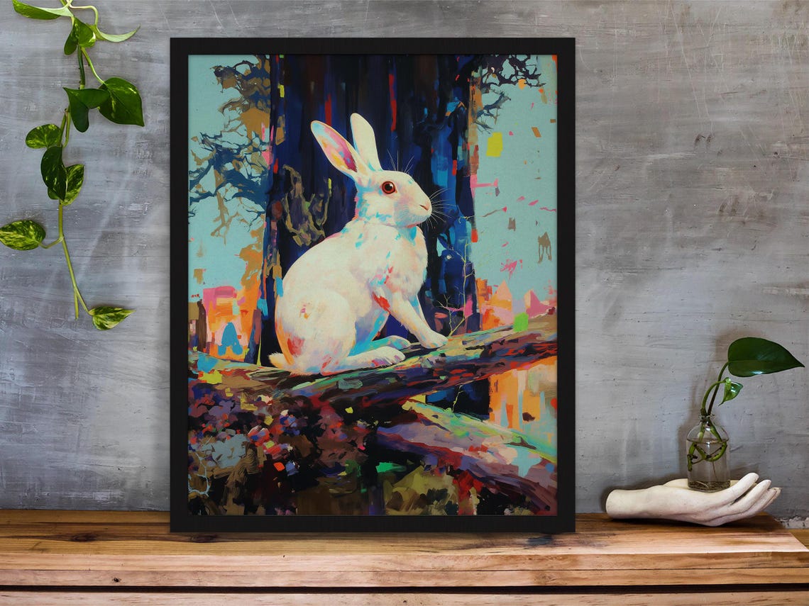 White Rabbit Sitting on a Branch With Colorful Abstract Forest Poster - Image 3